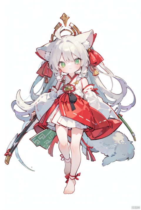  1girl, animal_ears, bare_legs, barefoot, detached_sleeves, fox_ears, fox_tail, full_body, green_eyes, hair_ribbon, japanese_clothes, long_hair, looking_at_viewer, miko, ribbon, ribbon-trimmed_sleeves, ribbon_trim, simple_background, solo, tail, very_long_hair, white_hair, wide_sleeves