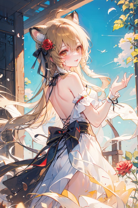  1girl, solo, animal ears, flower, tail, dress, blonde hair, long hair, very long hair, tongue, tongue out, bangs, bare shoulders, red flower, hands up, wrist cuffs, yellow flower, tiger tail, backless outfit, backless dress, looking at viewer, cat ears, closed mouth, striped tail, tiger ears, white dress, rose, tiger girl, cat tail, animal ear fluff, blush, ribbon, outdoors, orange flower, petals, day, :q, brown eyes, frilled dress, frills, smile, hair between eyes, cat girl, pleated dress, depth of field, blue sky, black ribbon, red rose, looking to the side, red ribbon, polka dot