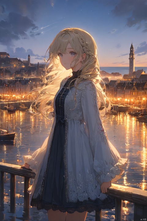  1girl,harbor,European town,wind,masterpiece,best quality,very aesthetic,extremely detailed,light hair,Cool clothes,short dress,Light clothes, lace trim

