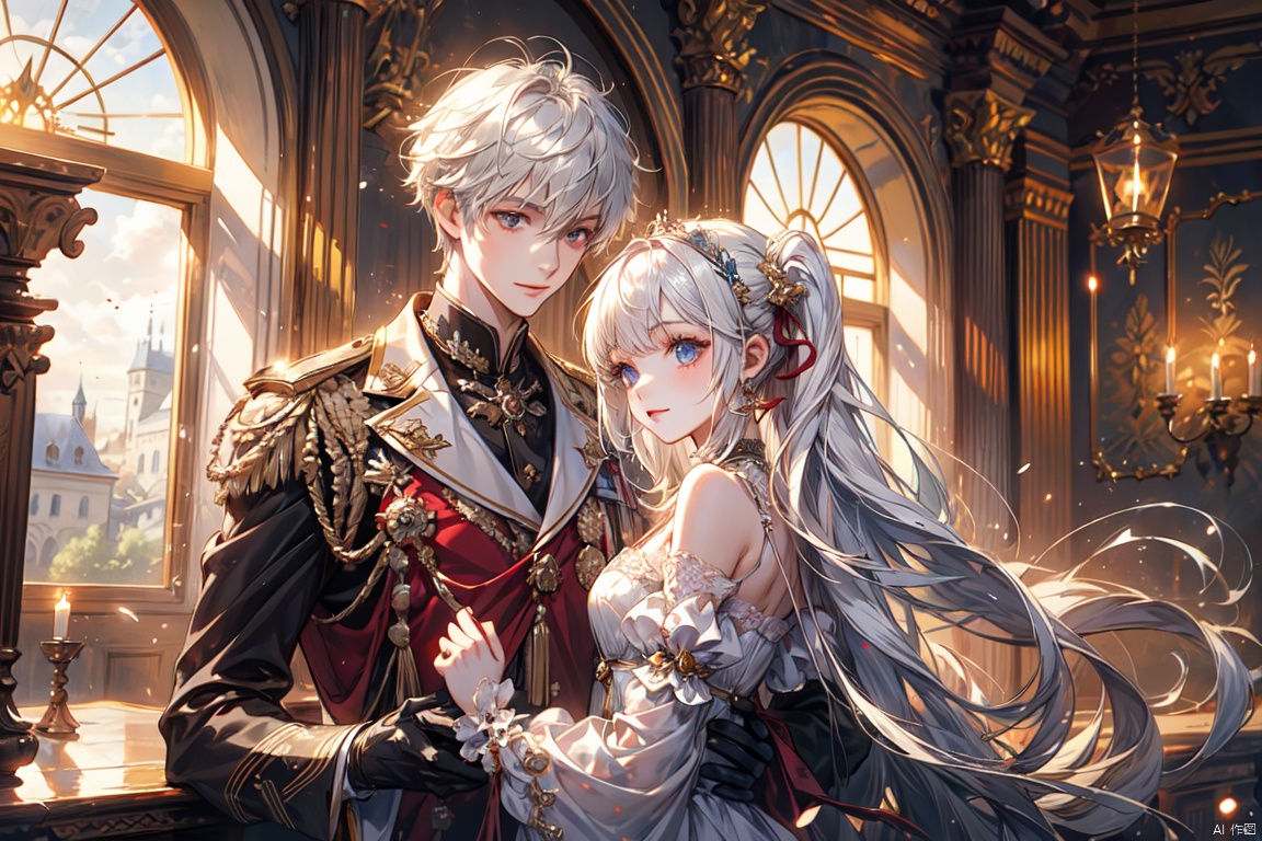  In a European-style castle,A boy and a girl in close proximity, physical contact,Face the camera,white hair,girl has long hair