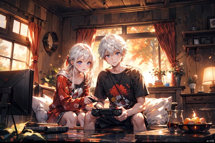  Facing the camera head-on, a girl and a boy playing video games together, homewear, homey,Warm colors, sunset, sunshine,white hair