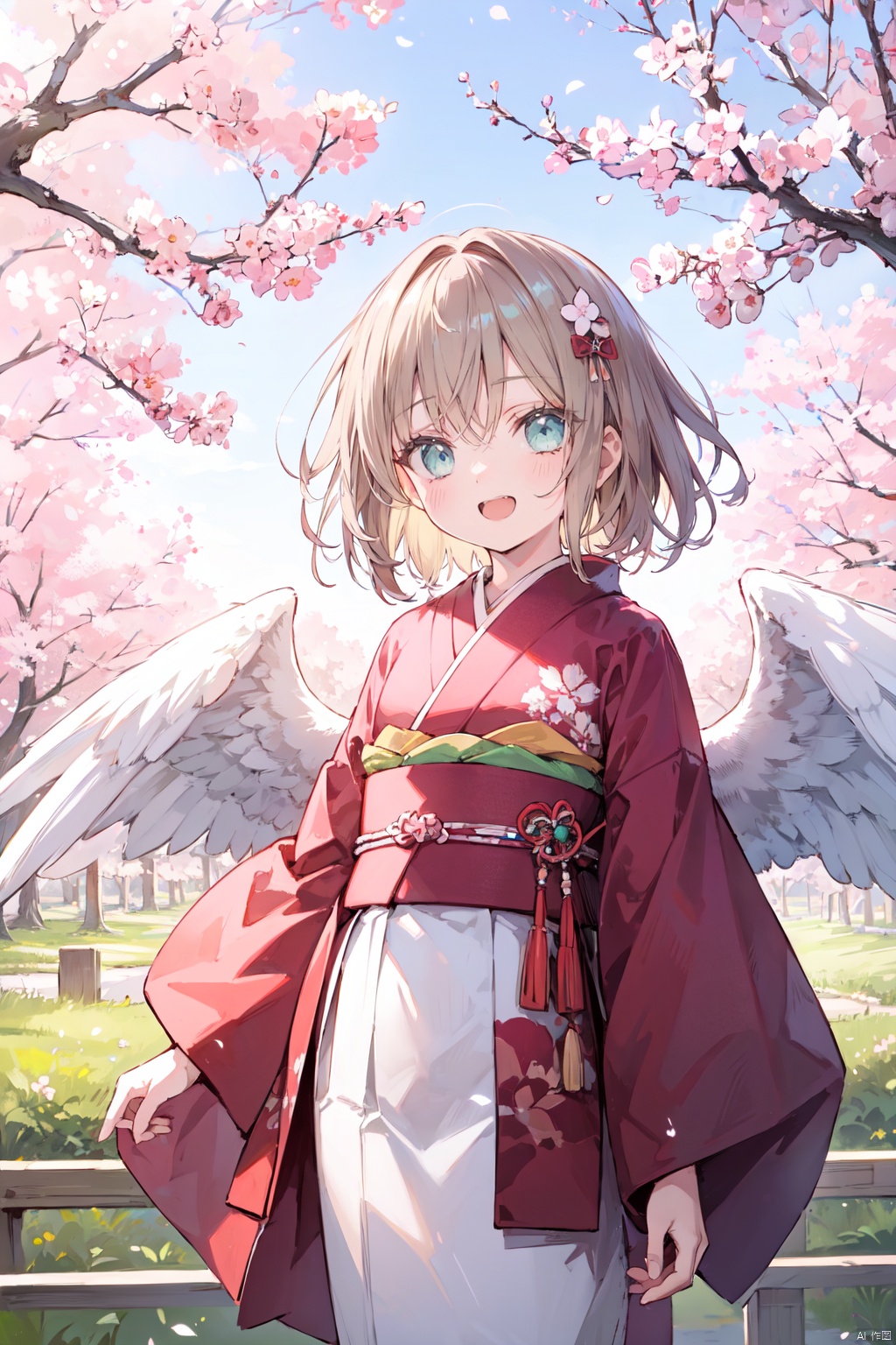  1girl, bangs, brown_hair, eyebrows_visible_through_hair, feathered_wings, green_eyes, japanese_clothes, kimono, kinomoto_sakura, long_sleeves, looking_at_viewer, open_mouth, outdoors, short_hair, smile, standing, white_wings, wide_sleeves, wings
