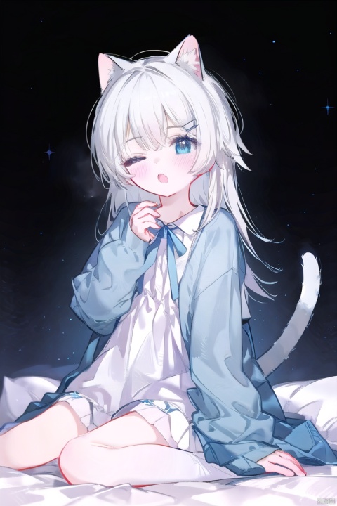  1girl, solo, long hair, looking at viewer, blush, open mouth, bangs, blue eyes, shirt, hair ornament, long sleeves, animal ears, hair between eyes, sitting, tail, white shirt, short sleeves, grey hair, one eye closed, hairclip, fang, collared shirt, cat ears, hand up, blurry, cat tail, sleeves past wrists, pillow, dress shirt, cat girl, ;o, romaji text, rubbing eyes