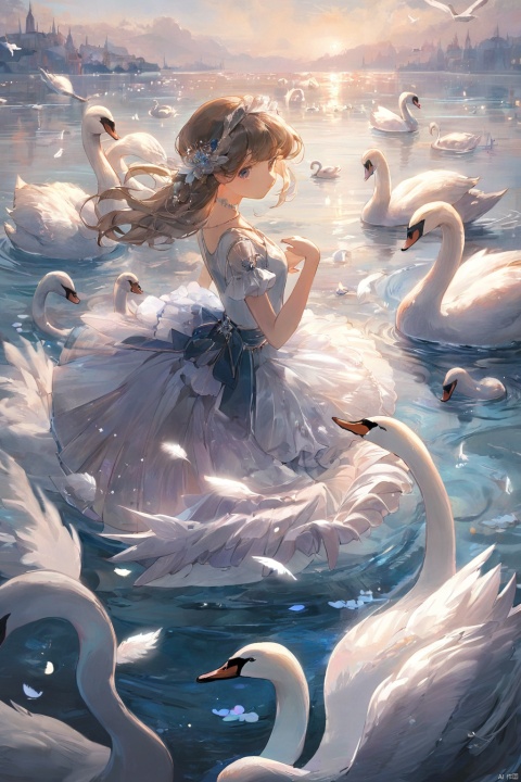  1girl,masterpiece,very aesthetic,tutu,Swans, feathers,