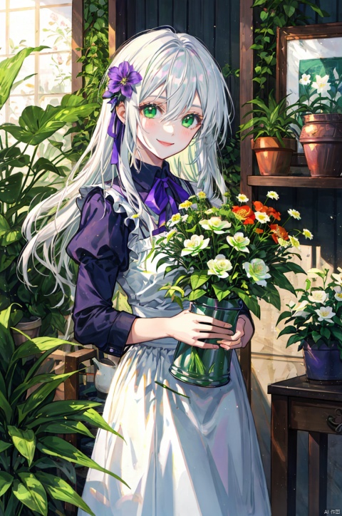  1girl, bangs, white_hair, bouquet, breasts, flower, flower_pot, green_eyes, hair_between_eyes, holding, holding_flower, indoors, long_hair, looking_at_viewer, plant, potted_plant, purple_flower, ribbon, smile, solo, vase, watering_can