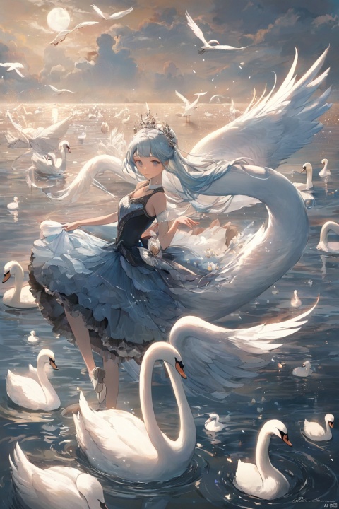  1girl,masterpiece,very aesthetic,tutu,Swans, feathers, wings