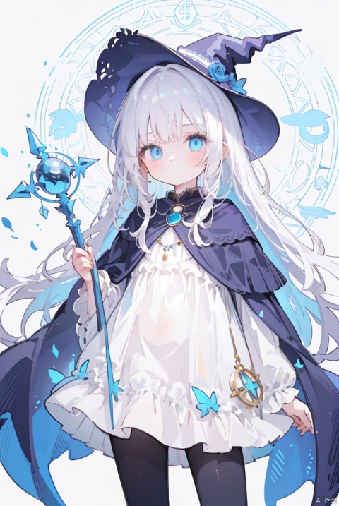  1girl,(flat color,limited palette,low contrast:1.2),(magic circle:1.2),Gorgeous,Elegant,Bohemian style,1girl,loli,((catgirl)),Magician,Warlock,(Staff), lace Magic Robe,(Sapphire Necklace),White Hair,very long hair,blue eyes,Wizard Hat,(Raven),Forest Mountain Background,looking at viewer,\nmasterpiece,best quality,high quality,highres,absurdres,printing,eyesseye, backlight, colors, white pantyhose, Thick coating