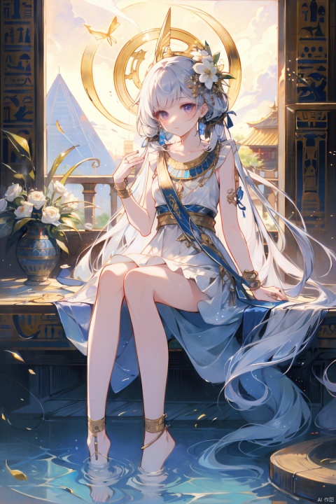  (masterpiece), (best quality), 1girl, classic goddess, flower, butterfly, hair flower, solo, hair ornament, long hair, dress, sitting, water,Aurora butterfly, lilac hair, white flower, (bare foot), beautiful dress, frills, very long hair, collarbone, soaking feet, sleeveless, looking at viewer,marble column, (closed mouth), night, 1girl,Glow particle, yuyao, mjiaocha, glow, holy temple scenes, Egyptian clothing style