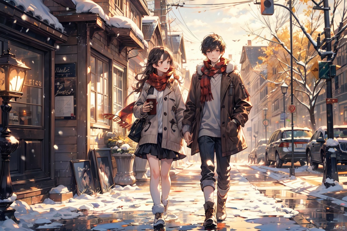 A boy and a girl, walking in the street, coffee in hand, winter, snow, sunshine, warm, warm colors, furry clothes, scarves