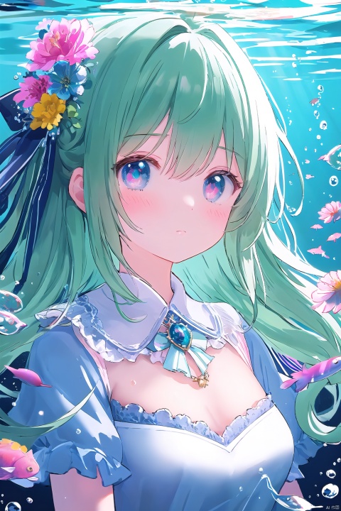  (masterpiece), (best quality), illustration, ultra_detailed, hdr, Depth_of_field, (colorful), loli,animated female character, green hair, underwater theme, flowers, flowing dress, fantasy, ethereal, ribbon, pink accents, soft lighting, vertical composition, portrait orientation, semi-translucent materials, pastel color palette, serene expression, elegance, grace, anime style illustration.