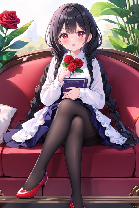  1girl, solo, long hair, looking at viewer, bangs, skirt, black hair, red eyes, long sleeves, dress, sitting, braid, flower, pantyhose, frills, shoes, high heels, twin braids, book, black pantyhose, rose, crossed legs, plant, red flower, red footwear, blue flower, red rose, purple flower, purple rose