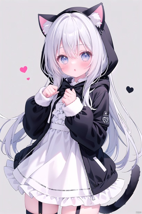  1girl, solo, long hair, looking at viewer, blush, bangs, blue eyes, thighhighs, long sleeves, dress, animal ears, hair between eyes, very long hair, standing, jacket, tail, white hair, frills, parted lips, open clothes, puffy sleeves, cat ears, hood, grey background, white dress, :o, white thighhighs, open jacket, black jacket, animal ear fluff, sleeves past wrists, grey eyes, hands up, garter straps, frilled dress, hood down, cat girl, hooded jacket, puffy long sleeves, drawstring
cowboy shot,