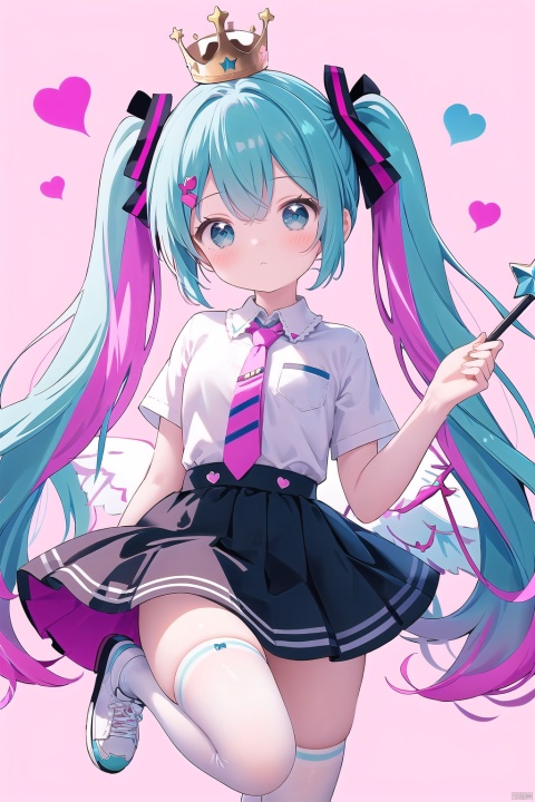  twintails, multiple girls, pastel colors, 2girls, hatsune miku, rainbow, wand, heart, bow, long hair, very long hair, crown, star \(symbol\), holding wand, skirt, pink hair, hair ornament, striped, holding, shirt, wings, shoes, short sleeves, necktie, thighhighs, long sleeves, hair bow, blush, pink background, multicolored hair, white footwear, bangs, chibi