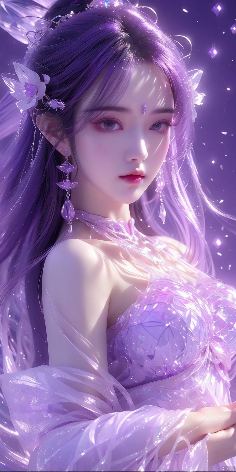  1 girl,(Purple light effect),hair ornament,jewelry,looking at viewer, (\meng ze\), wangyushan, dofas,(ultra-detailed crystallization),transparent crystals, qingyi