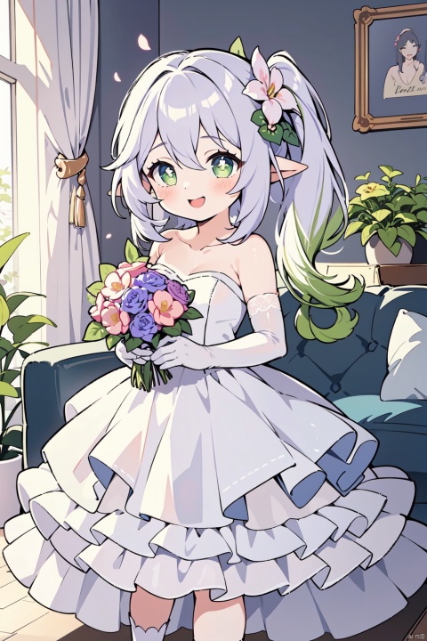 1girl, dress, solo, nahida, flower, looking at viewer, wedding dress, gloves, purple flower, smile, petals, elbow gloves, hair ornament, white dress, bare shoulders, white gloves, holding, bouquet, collarbone, strapless dress, couch, strapless,happy,full_body