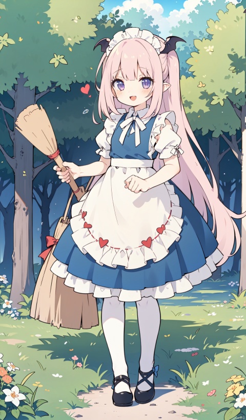  sakyumama, 1girl, solo,succubus tail,, maid, smile, enmaided, maid headdress, dress, looking at viewer, short sleeves,  full body, standing, apron, grass, :d, holding, white apron, frills, white pantyhose, pantyhose, detached sleeves, open mouth, heart, maid apron, broom, black footwear, bow, green bow, 