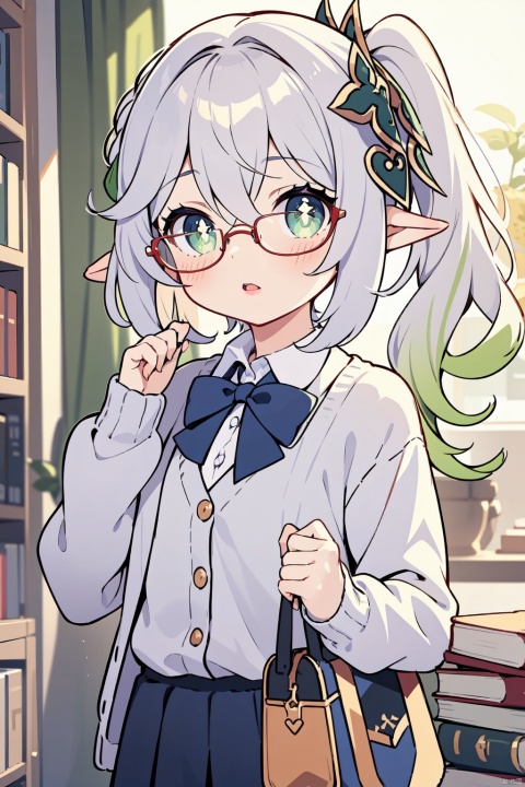 1girl,nahida, solo, book, glasses, shirt, looking at viewer, holding, bow, holding book, skirt, adjusting eyewear, long sleeves, white shirt, collared shirt, blurry, bespectacled, parted lips, frills, cardigan,blurry background