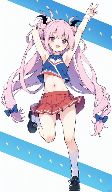  sakyumama, 1girl, solo,succubus tail,cheerleader, pom pom \(cheerleading\), skirt, navel, smile, open mouth, midriff, twin drills, socks, looking at viewer, shoes, hair ribbon, full body, ribbon, white socks, arm up, red skirt, crop top overhang, pleated skirt, miniskirt, armpits