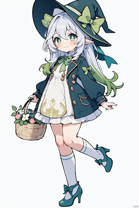  1girl, solo, smile, hat, simple background, white background, witch hat, green bow, looking at viewer, blush, holding basket, basket, long sleeves, bow, white kneehighs, nahida, witch outfit, cute green dress, frilled, standing,full body,high heels