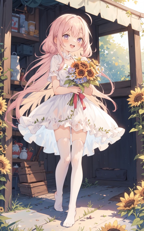  1girl,white pantyhose,full_body,dress, (sakyumama),no shoes,sunflowers,happiness,eternal love,holding bouquets.