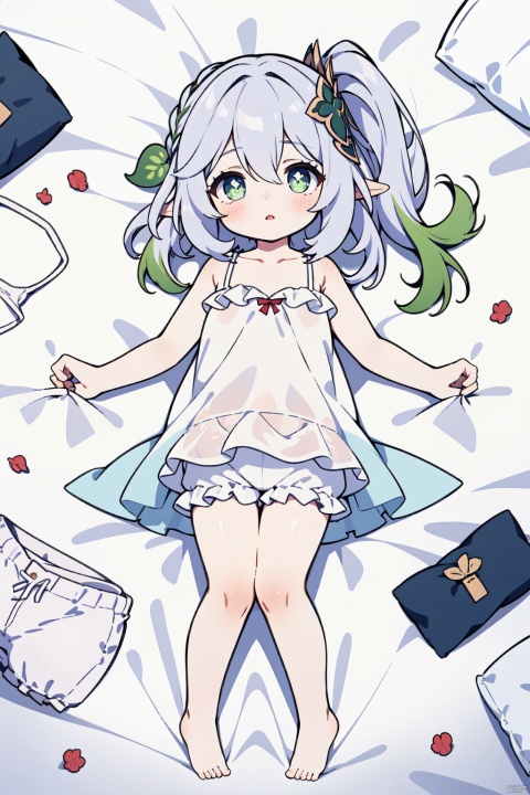 solo, 1girl, bare arms, bed sheet, bare shoulders, parted lips, on back, lying, looking at viewer, streaked hair, bloomers, white camisole, white dress, white bloomers, underwear, blush, dakimakura \(medium\), collarbone, short shorts, nahida, full body,barefoot