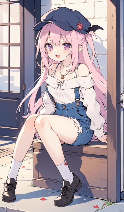  sakyumama, 1girl, solo,succubus tail,pink hair,brown footwear, shirt, full body, smile, hat, white shirt, open mouth, jewelry, overalls, overall shorts, off shoulder, necklace, :d, looking at viewer, off-shoulder shirt