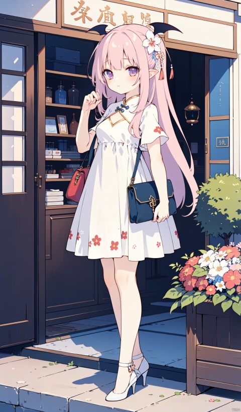  sakyumama, 1girl, solo,succubus tail,dress,  chinese clothes, full body, white footwear, hair ornament, china dress, high heels, bag, looking at viewer, short sleeves, white dress, bare legs, closed mouth, hair flower, floral print, standing, flower, ribbon
