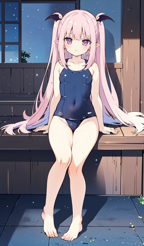  sakyumama, 1girl, solo,succubus tail,pink hair,bare arms, swimsuit, bare shoulders, barefoot, one-piece swimsuit, closed mouth, bare legs, shadow, school swimsuit, collarbone, blush stickers, covered navel, old school swimsuit, black one-piece swimsuit, sitting, full body