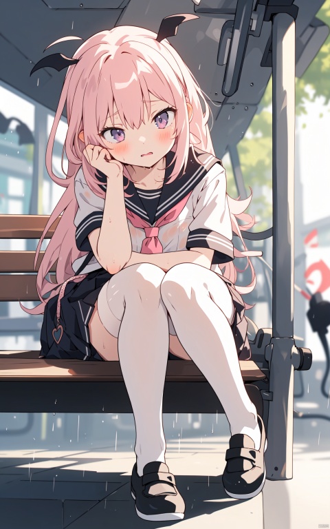 artist, 3d, year 2123, 1girl,solo,sakyumama,blush,awkwardly,Regretful,details eyes,raining,in the subway,window,{serafuku},white shirt,see-through,black ultra-short pleated miniskirt,pink schoolbag,sitting on bench,{wet},wet thighhighs,{{adjusting_thighhighs}},cyberpunk city,skyscraper,  light particles,Luminescent particle,blurry,vignetting,caustics,chromatic_aberration,depth_of_field,motion_blur,blurry_foreground,blurry_background,bokeh,shadow,reflection,film_grain,focused,(full_body)

