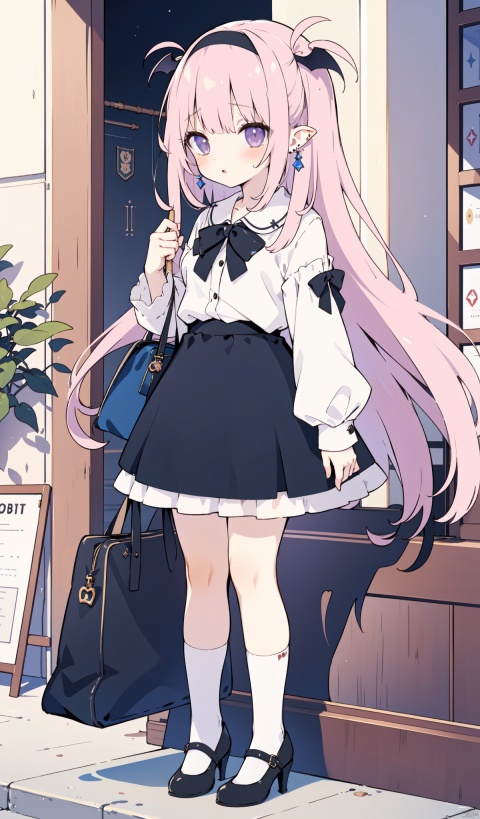  sakyumama, 1girl, solo,succubus tail,holding bag, solo, holding, bag, socks, full body, frills, frilled socks, skirt, long sleeves, shirt, black footwear, jewelry, frilled skirt, earrings, ooking at viewer, blush, bow, black bow, black skirt, frilled sleeves, hair bow, purple shirt, puffy long sleeves, high heels, standing, black bag, lace trim, black socks, hairband, floral print, lace-trimmed skirt, see-through, handbag, puffy sleeves,