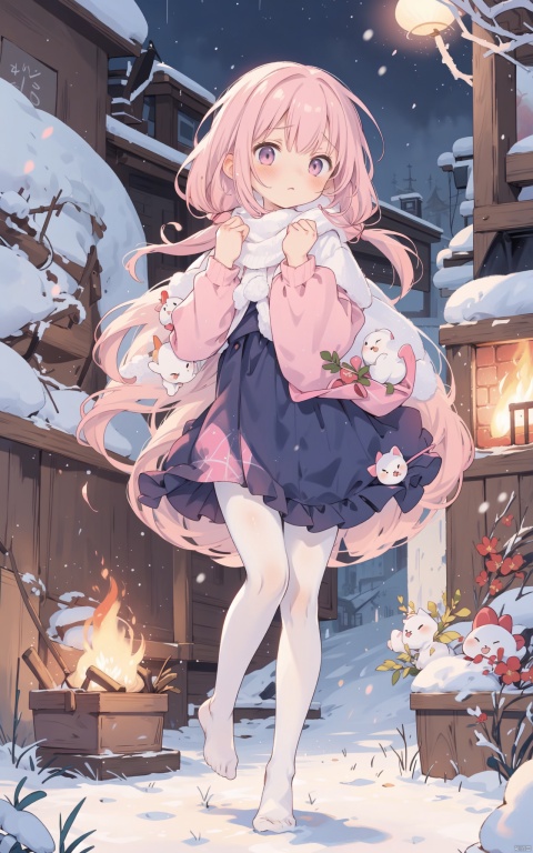 winter,1girl,full_body,(sakyumama,pink hair),white pantyhose,snow flowers,warm furnace fire,night,endless sad,