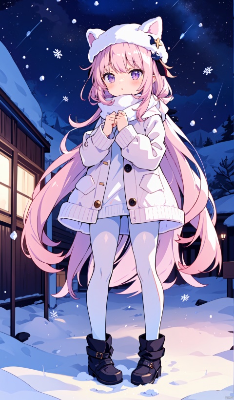  sakyumama, 1girl, solo,background,outdoors,full_body,polar,cold,Iceland,scarf,white cotton pantyhose,thick white pantyhose,pink cotton coats,long_boots,sweater,warmy clothes,snow,cotton hat,feel cold,(standing),