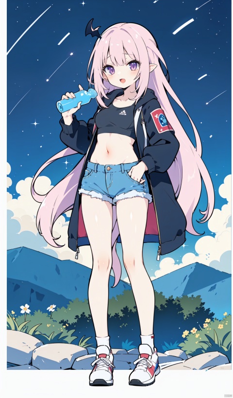  sakyumama, 1girl, solo,succubus tail,pink hair,shorts, bottle, pantyhose, sports bra, navel, jacket, v, looking at viewer, holding bottle, shoes, midriff, short shorts, full body, black jacket, open mouth, black pantyhose, sneakers, holding, collarbone, open jacket, blue shorts, white footwear, crop top, open clothes, long sleeves