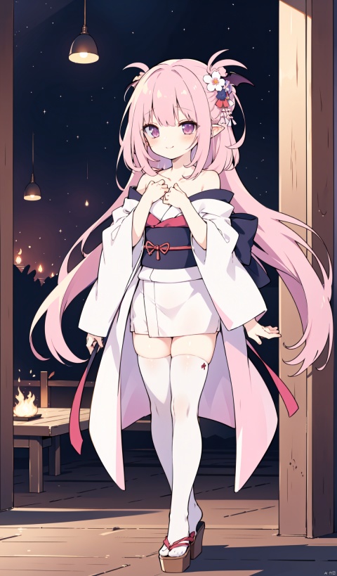  sakyumama, 1girl, solo,succubus tail,pink hair,thighhighs, japanese clothes, hair ornament, hand on own chest, kimono, off shoulder, white thighhighs, full body, flower, bare shoulders, smile, obi, sash, hair flower, collarbone, closed mouth, wide sleeves