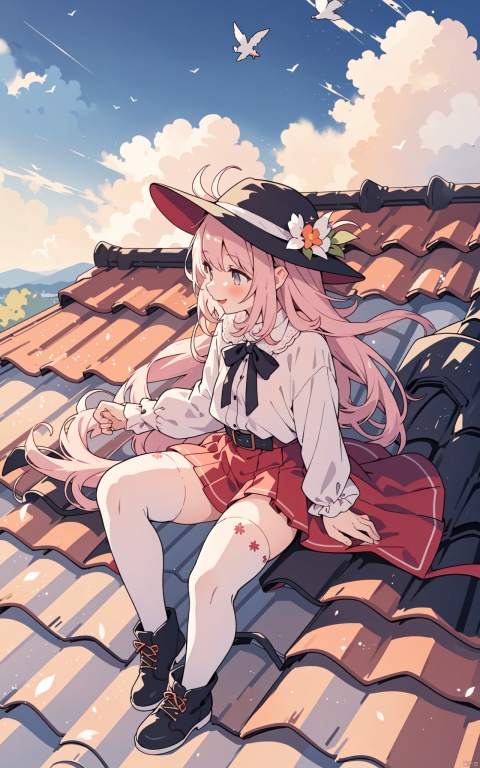  masterpieces,(high detailed),colorful,1girl,kawaii,round face,light_blush,sakyumama,(alchemy clothes:1.2),hat,sun_hat,(red skirt),white shirt,skirt,long sleeves,((thighhighs)),belt,ankle boots,brown boot,bag,
(((sitting on roof))),(above cloud:1.2),((looking_afar)),smile,happy,high position,
outdoors,(tile roof:1.2),flower,tree,vine,sky,(dawn),((sunlight)),cloud,bird,river,hill,((horizon)),available light,scenery,
profile,solo_focus,,,,