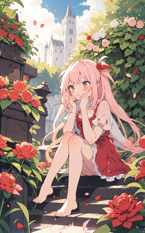  1girl, apple, sakyumama blood, book, bouquet, building, camellia, castle, cloud, cross, defloration, dress, falling_petals, flower, hibiscus, holding_flower, leaf, long_hair, orange_flower, outdoors, petals, pink_rose, plant, red_flower, red_rose, rose, rose_petals, sitting, sky, spider_lily, stairs, strawberry, thorns, tombstone, tower, tulip, vase, vines, watering_can, wind,toes
