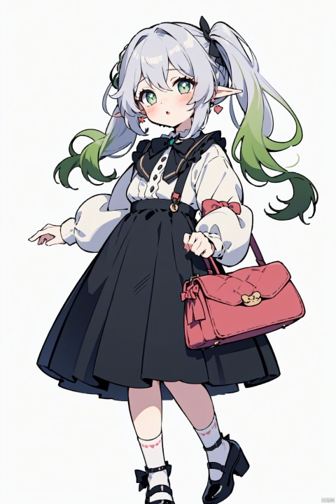 1girl, holding bag, solo, holding, bag,twintails,socks, full body, frills, frilled socks, nahida, skirt, long sleeves, shirt, black footwear, jewelry, frilled skirt, earrings, white background, looking at viewer, blush, bow, black bow, simple background, black skirt, frilled sleeves, hair bow, purple shirt, puffy long sleeves, high heels, standing, black bag, lace trim, black socks, hairband, floral print, lace-trimmed skirt, see-through, handbag, puffy sleeves, 