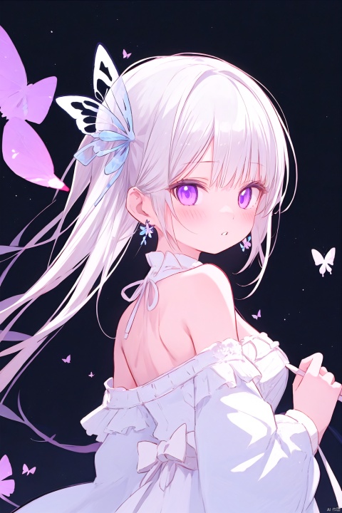  anime style, anime screen, 1girl, solo, purple eyes, long hair, white background, looking at viewer, jewelry, simple background, earrings, blush, white hair, bangs, upper body, bare shoulders, looking back, parted lips, off shoulder, hair ornament, ribbon, long sleeves, shirt, dress, hair ribbon, white shirt, frills, (butterfly), loli