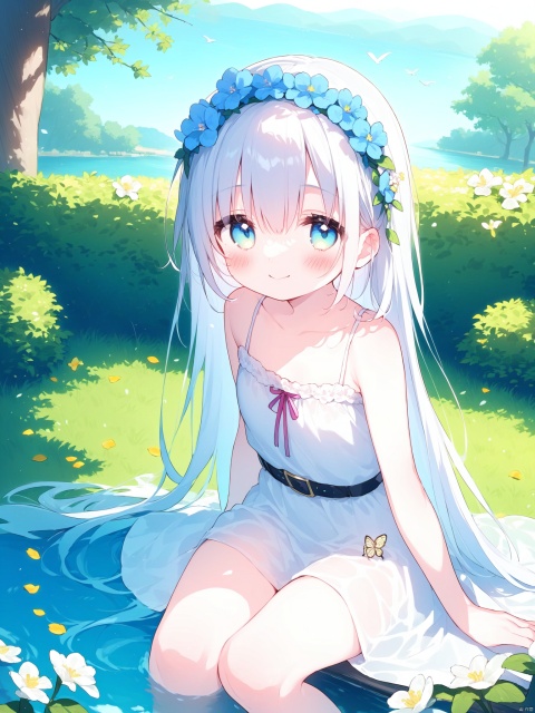(((artist:nano))),1girl, solo, blue eyes, white hair, (long hair), hair between eyes, medium chest, sundress, belt, wearing a flower crown, smiling at viewer, close-up, side view, bird's-eye view, sitting by lake, lake, in a garden, blooming flowers, butterflies, dappled sunlight, soft grass, scattered petals, trees, flowers, gentle breeze, vibrant colors, masterpiece,bestquality