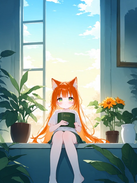 (((artist:nano))),loli,1girl,pale skin,messy cafe,holding coffee cup,against window,vase,potted plant,menu,flower,barefoot,from below,ankle bell,sunrise,green sky,colored cloud,sitting,orange hair,cat ears,long hair,