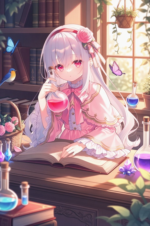 masterpiece, best quality, score_7, very aesthetic, @toosaka asagi, loli,  
book, flower, hair ornament, hair flower, dress, bug, pink dress, solo, butterfly, bird, ribbon, long hair, indoors, potion, looking at viewer, plant, shelf, open book, holding, crystal, frills, pink eyes, long sleeves, window, flask, grey hair, blurry, basket, hairband, cover, bookshelf, hair ribbon, rose, wide sleeves, red eyes, frilled sleeves, hair between eyes, capelet