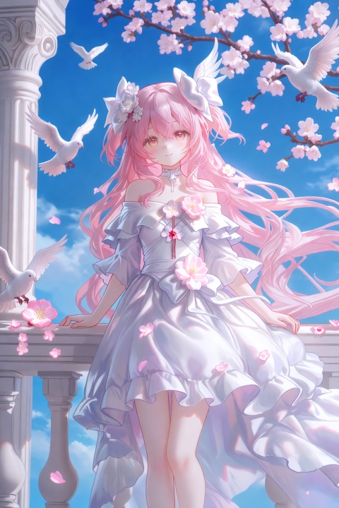 violet nano, 1girl, pink hair, dress, long hair, solo, white dress, flower, bird, white bird, pillarboxed, dove, hair ornament, hair flower, looking at viewer, petals, bare shoulders, blue sky, white flower, outdoors, cherry blossoms, sky, very long hair, border, standing, blood, day, railing, closed mouth, original, pink eyes, parted lips, pink flower, bow, falling petals, smile, pillar, white border, off shoulder, white choker, ultimate madoka, balcony, official alternate costume, pink petals, long sleeves, indoors, letterboxed, building, off-shoulder dress, white bow, hair between eyes, branch, feet out of frame, yellow eyes, tree, choker, white wings, sidelocks, hair bow, cloud, against railing,, masterpiece, best quality, score_9, score_8, score_7, very aesthetic,