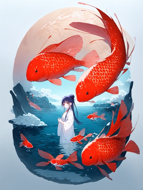 (((artist:nano))),ye ruikun, shocking images, dreamlike scenes, ink style, splash ink elements, brush strokes, chinese painting, chinese tradition, chinese mythology, remote view, panoramic lens, an ancient chinese kid with long hair, a bun, wearing a white taoist robe, he stands on the body of a huge koi carp, the koi carp's body is transparent, gold and red, and the body has a gilt charm, floating in the sea of clouds