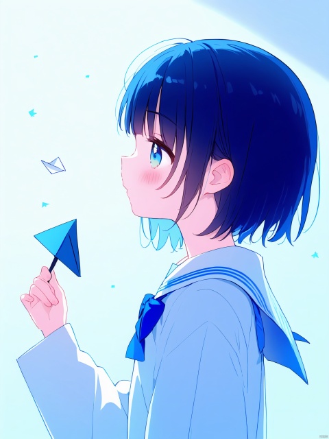 ((artist:nano)),1girl, solo, blush, short hair, bangs, blue eyes, shirt, black hair, long sleeves, white background, bow, holding, closed mouth, school uniform, blue hair, white shirt, upper body, parted lips, serafuku, bowtie, sailor collar, arm up, from side, profile, bird, blue bow, looking up, blue sailor collar, blue theme, paper, letter, envelope, paper airplane