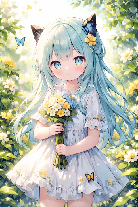  1girl,(loli:1.2),solo,long hair,looking at viewer,bangs,blue eyes,hair ornament,dress,holding,very long hair,closed mouth,standing,flower,short sleeves,outdoors,day,white dress,blurry,aqua eyes,aqua hair,depth of field,blurry background,sunlight,bug,plant,white flower,butterfly,bouquet,yellow flower,holding flower,butterfly hair ornament,holding bouquet,blue butterfly,gradient eyes,hair_flower,