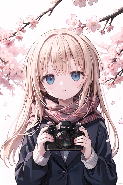  1girl, simple background,1girl, cherry blossoms, long hair, scarf, jacket, solo, petals, blue eyes, flower, school uniform, looking at viewer, bangs, blonde hair, holding camera, blue scarf, branch, parted lips, holding