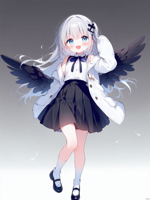 (((artist:nano))),loli,1girl, solo, long hair, breasts, looking at viewer, blush, smile, open mouth, bangs, blue eyes, skirt, shirt, hair ornament, long sleeves, white background, dress, bow, ribbon, hair between eyes, very long hair, jacket, full body, white shirt, grey hair, flower, white hair, :d, multicolored hair, pleated skirt, frills, open clothes, wings, shoes, sleeveless, socks, collared shirt, wide sleeves, black skirt, black footwear, black dress, arm up, open jacket, sleeves past wrists, kneehighs, black bow, gradient hair, neck ribbon, white jacket, feathers, x hair ornament, white socks, knees up, black wings, photo \(object\), shoe soles