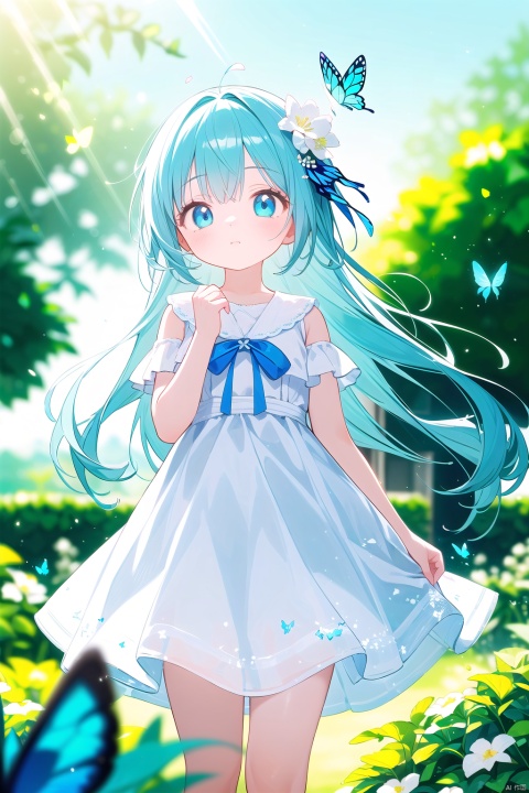  masterpiece,best quality,wide shot,(depth of field),global illumination,soft shadows,backlight,lens flare,((colorful refraction)),((cinematic lighting),looking outside,with butterfly,1girl with lightblue long hair and blue aqua eyes,hair flowers,hime cut,sunlight,blurry background,blurry,garden,White Dress,