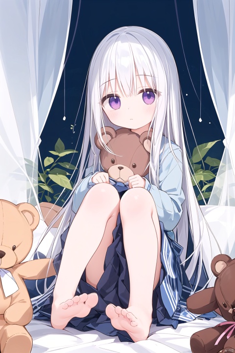  1girl,loli, no shoes, solo, long hair, purple eyes, soles, feet, stuffed toy, stuffed animal, white hair, long sleeves, looking at viewer, bangs, sitting, closed mouth, very long hair, sleeves past wrists, shirt,blue shirt, foreshortening, full body, legs, teddy bear, knees up, curtains,