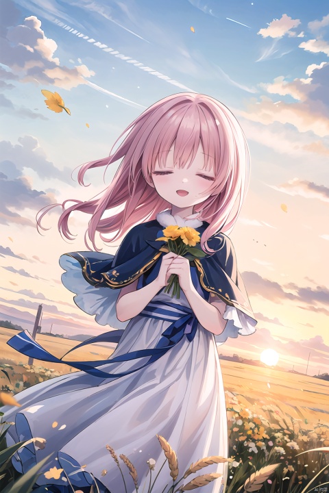 (drawn by Lynn Okamoto),center frame, sharp focus, (panorama, wide shot), best quality, masterpiece, extremely detailed, detailed background, (from above:1.2), 1girl, solo, pink hair, closed eyes, smile, open mouth, skirt, long hair, wavy hair, on side, fluffy hair, , french , blush, smile, capelet, lace trim, bodice, sunset, long dress, dusk, scenery, gold sky, high place, horizon, wheat field, wheat ears, wind, wind blow, looking at viewer, (depth of field), bokeh, (holding a flower:1.3), (holding:1.2),(medium):0.5,